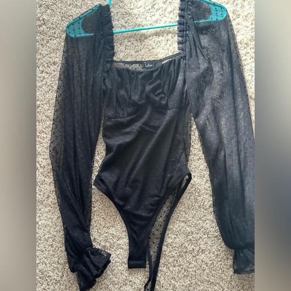 Call the Dots Black Dotted Mesh Long Sleeve Bodysuit - Picture 3 of 4